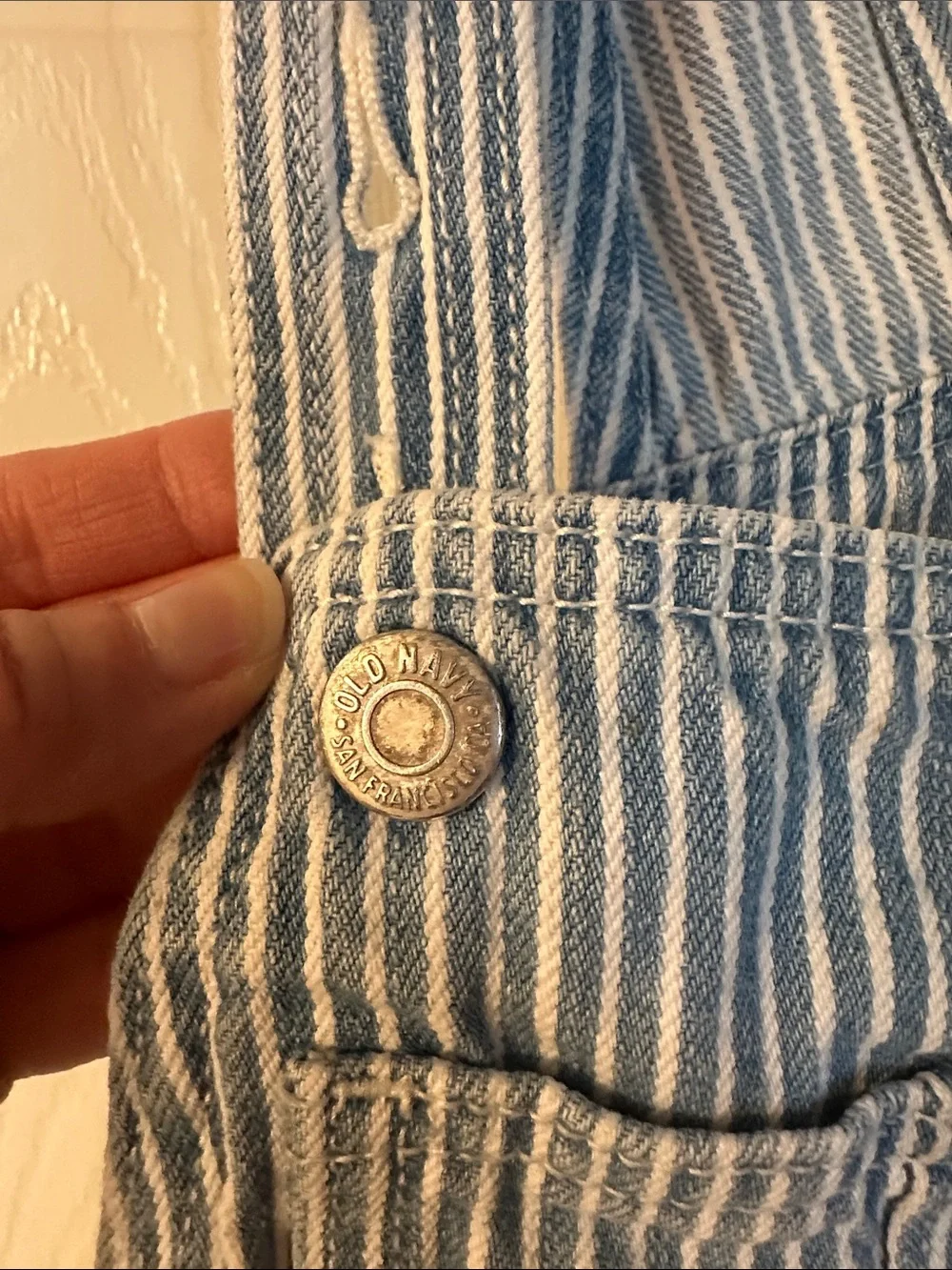 Old Navy Girls’ Blue and White Railroad Striped Raw Hem Short Overalls